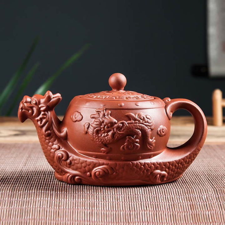 Tetera de cerámica de arcilla púrpura con nubes propicias de dragón Vintage con Buddha Stones
