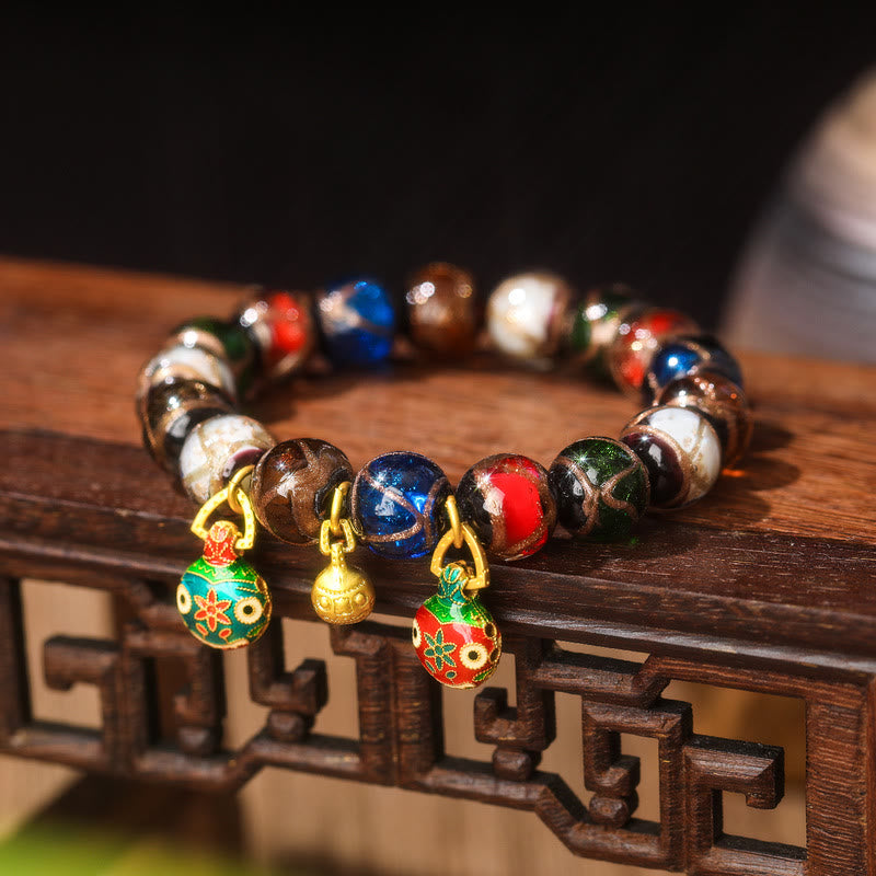Pulsera de la suerte con cuentas de cristal Liuli, Buddha Stones, cinco elementos, oro, bestia tragadora, familia - Familia de bestias tragadoras de oro y cuentas de vidrio Liuli y cobre - 14 mm (15 cuentas) - image 9