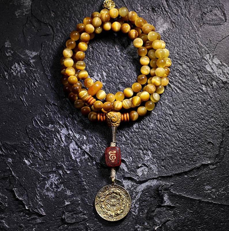 Pulsera con borlas de protección Dorje de cobre y ojo de tigre Natural, 108 cuentas de Mala , Buddha Stones