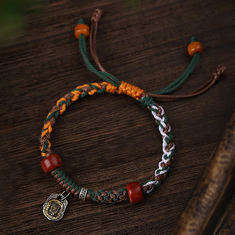 Pulsera trenzada de plata tibetana hecha a mano con Buddha Stones, Plata de Ley 925, Zakiram, diosa de la riqueza, protección de hueso de camello