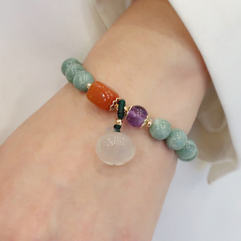 Pulsera curativa de cristal de amatista con hebilla de paz y deseo de calabaza de loto de jade cian