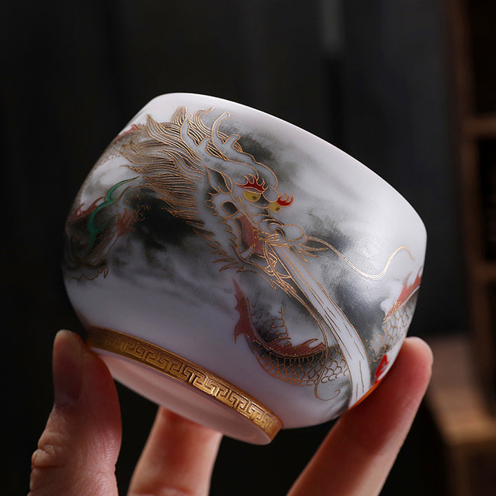 Taza de té de porcelana blanca de cerámica con calabaza dorada de dragón de Buddha Stones, taza de té de Kung Fu de 160ml