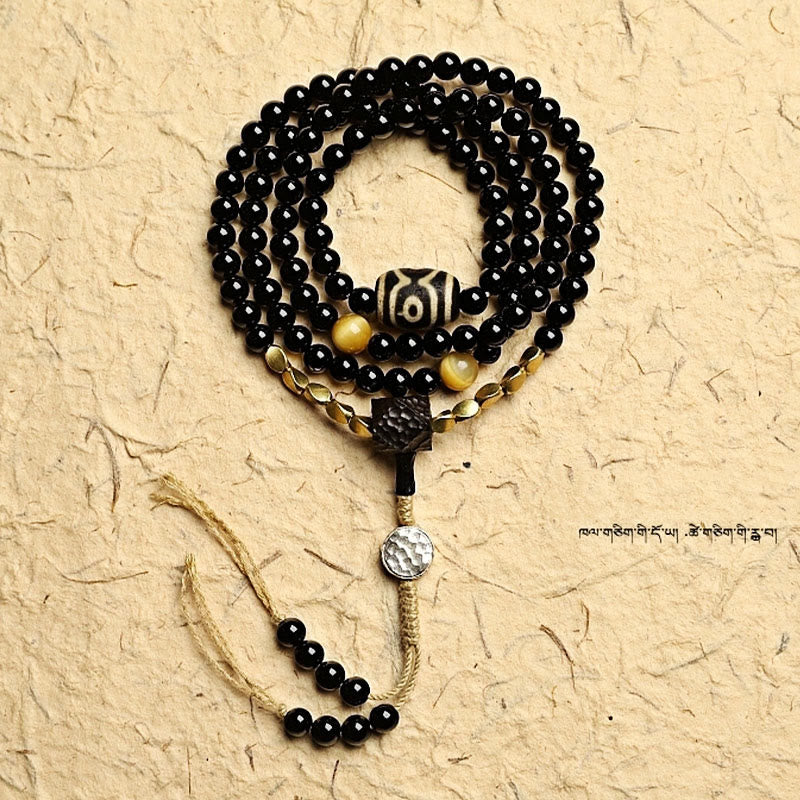 Pulsera de protección de cuentas Dzi de tres ojos de ónix negro con cuentas tibetanas de 108 Mala
