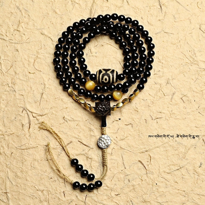 Pulsera de protección de cuentas Dzi de tres ojos de ónix negro con cuentas tibetanas de 108 Mala