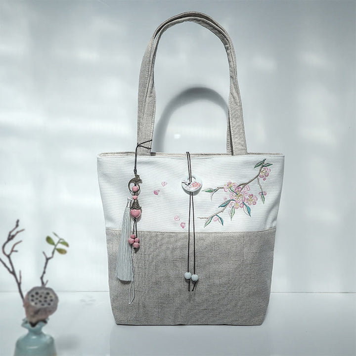 Bolso de hombro de gran capacidad con bordado de bambú, flor de pera, ciruelo, flor de melocotón, bolso de mano