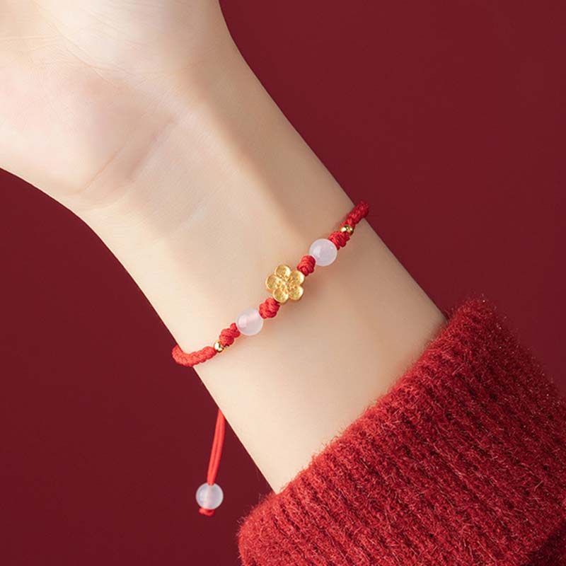 Pulsera de cuerda roja de la suerte con cuentas de calcedonia de cerezo y flor de melocotón de Plata de Ley 925 hecha a mano con Buddha Stones