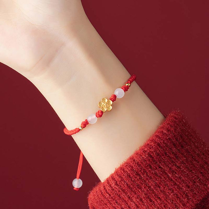 Pulsera de cuerda roja de la suerte con cuentas de calcedonia de cerezo y flor de melocotón de Plata de Ley 925 hecha a mano con Buddha Stones