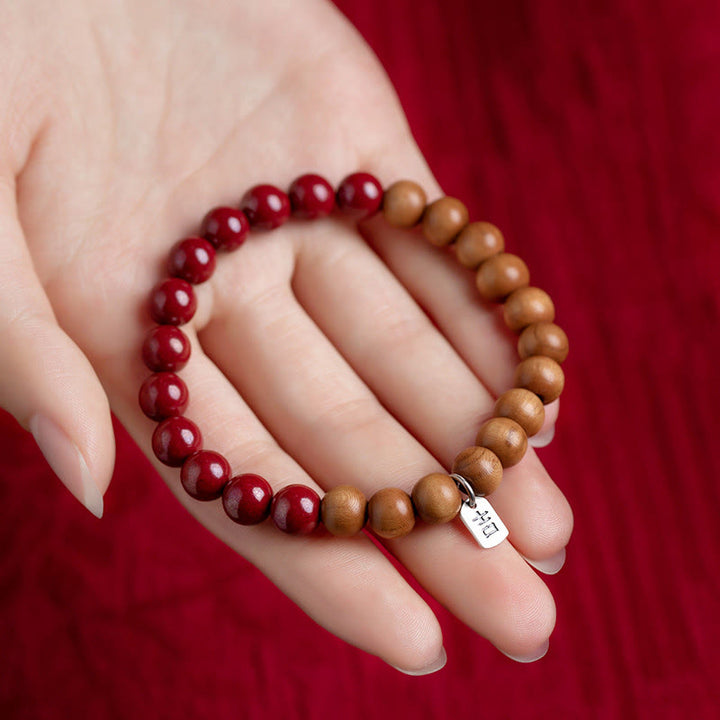 Pulsera de cinabrio de madera de melocotón de plata de ley 925 con Buddha Stones para protegerse de los malos espíritus