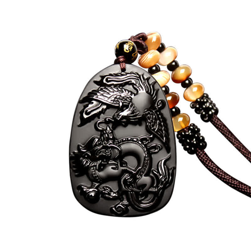 Colgante de collar con cuentas de protección de dragón y fénix de ojo de tigre de obsidiana negra - image 7