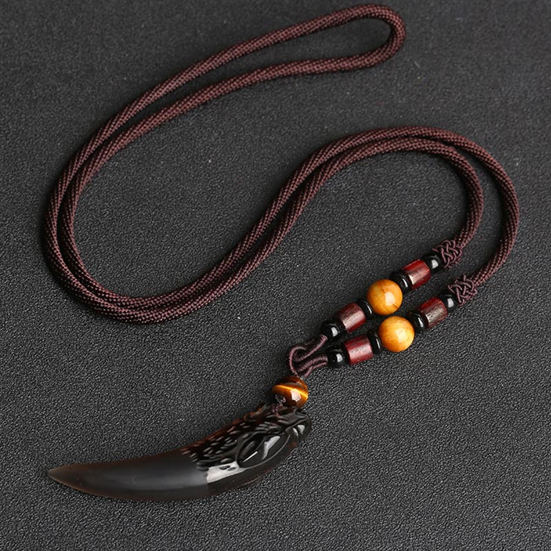 Colgante de collar con diseño de diente de lobo, obsidiana de hielo Natural, Buddha Stones - Hielo obsidiana y cuerda marrón de 63*14 mm - image 3