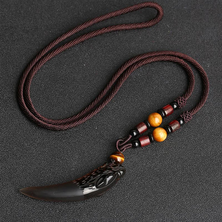 Colgante de collar con diseño de diente de lobo, obsidiana de hielo Natural, Buddha Stones - Hielo obsidiana y cuerda marrón de 63*14 mm - image 3