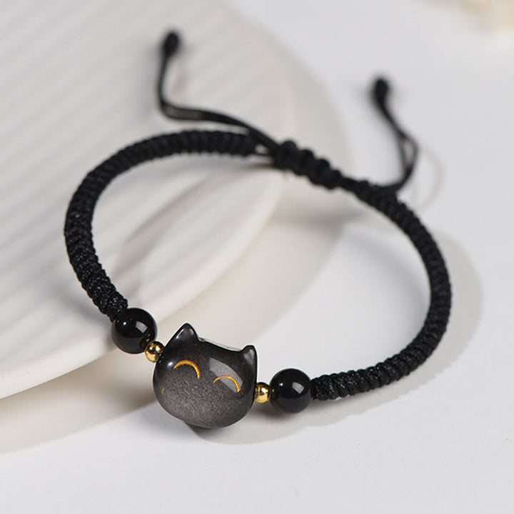 Buddha Stones hechas a mano, plata Natural brillante, obsidiana, cuarzo fresa, pulsera trenzada de protección de gato lindo - image 3