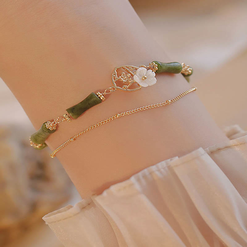 Pulsera de doble capa de cobre chapado en oro de 14 quilates con Buddha Stones , peridoto, flor de bambú y riqueza