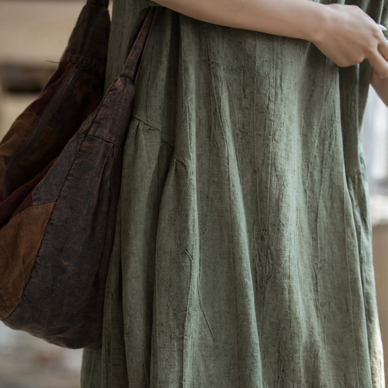 Vestido midi con cuello en V y teñido anudado hecho a mano con Buddha Stones Vestido de manga corta de lino