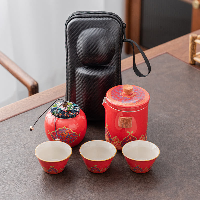 Tetera de cerámica de Gongfu chino con flores de Buddha Stones , bolsa portátil para juego de té de viaje al aire libre - Rojo - 1 tetera + 3 tazas + 1 bolsita + 1 lata de té - image 24