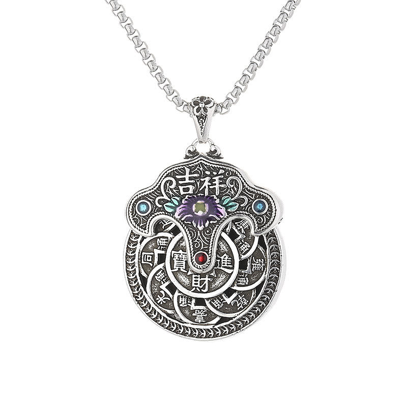 Colgante de collar de riqueza con monedas de cobre, flor de peonía , Buddha Stones