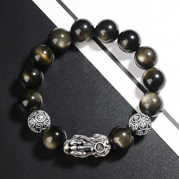 Pulsera de protección de la riqueza PiXiu de obsidiana brillante de oro natural de plata de ley 925 con Buddha Stones