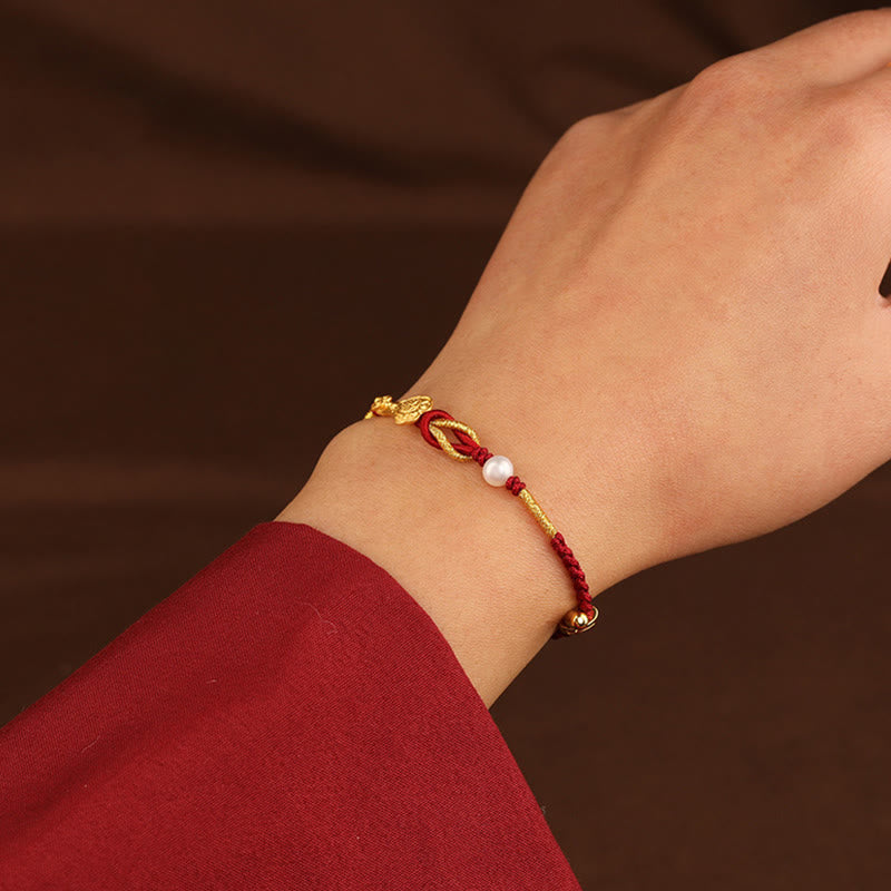 Pulsera trenzada de la suerte con perlas de conejo y mango de Ruyi del deseo de oro de 24 quilates con Buddha Stones - image 6
