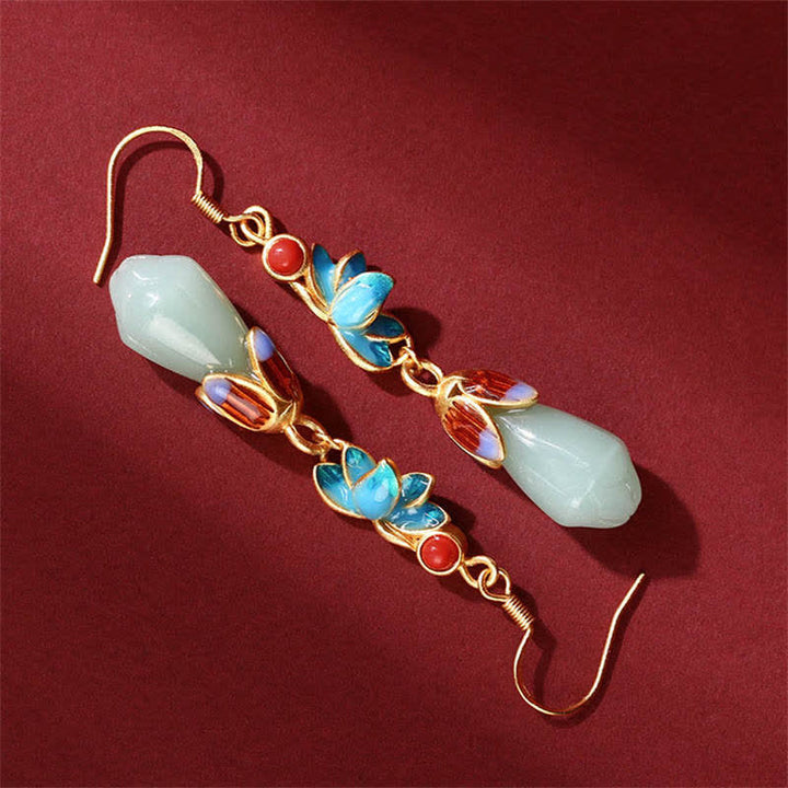 Pendientes colgantes con forma de flor de magnolia y jade, diseño de suerte y prosperidad