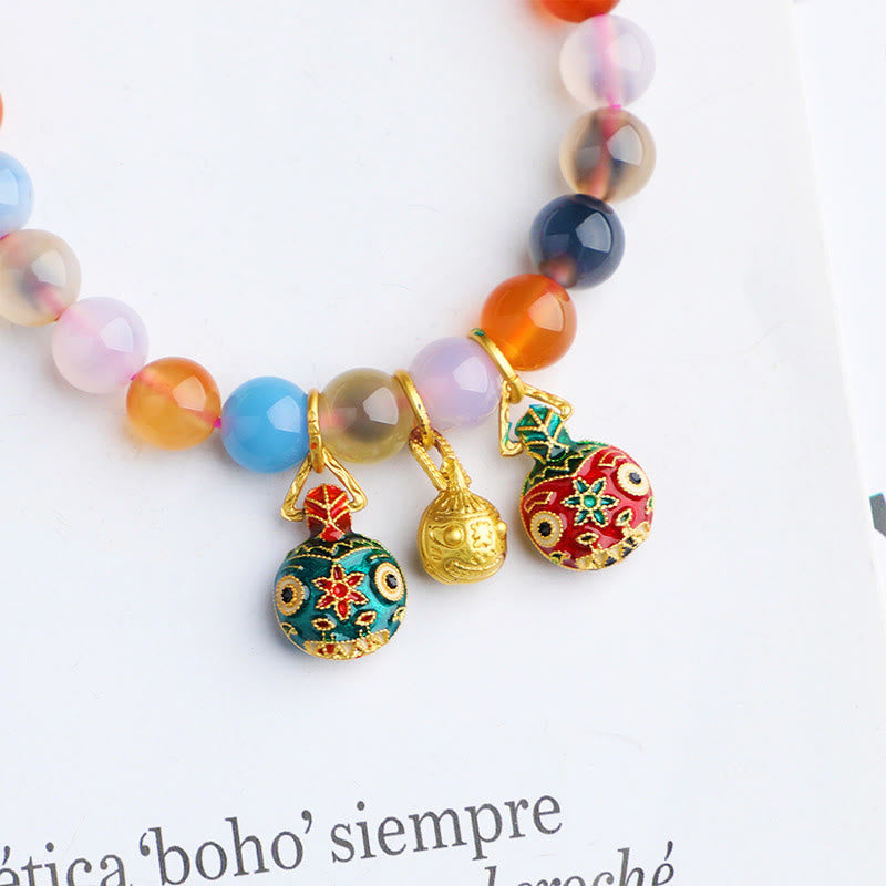 Pulsera con dijes de armonía de melocotón, familia de bestias tragadoras de oro, ágata de caramelo colorida, Buddha Stones