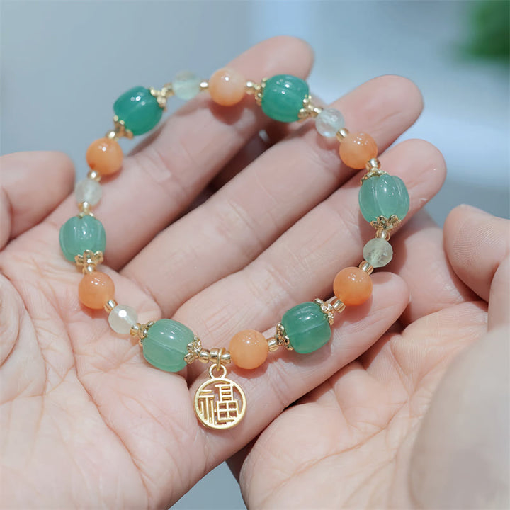 Pulsera de riqueza con dije de personaje Fu, cuentas de calabaza de Jade de seda dorada Natural con Buddha Stones
