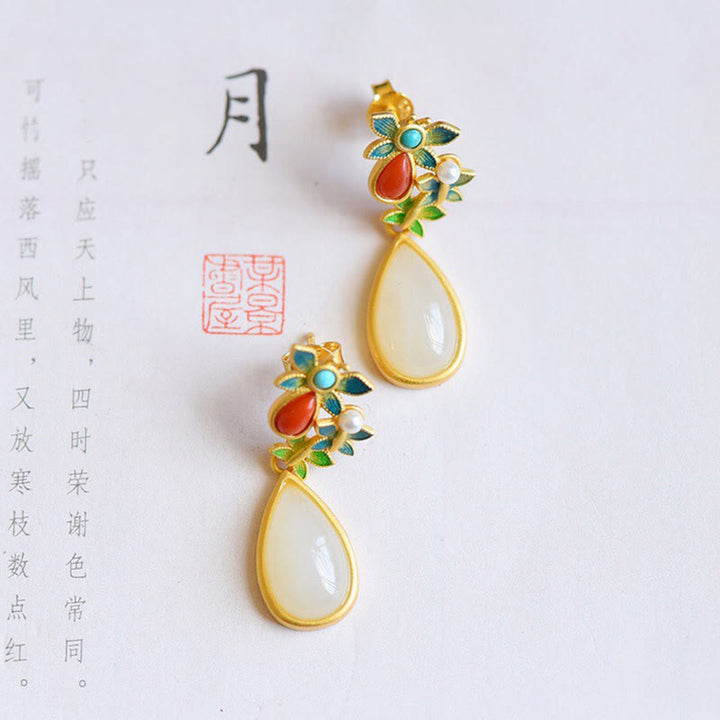 Pendientes colgantes con forma de gota de agua , Buddha Stones , Jade blanco, ágata roja, mariposa, protección
