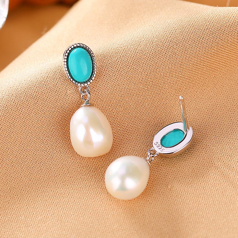 Buddha Stones Plata de Ley 925 Perla Turquesa Curación Sabiduría Collar Colgante Anillo Pendientes