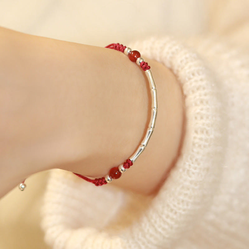 Pulsera trenzada de cuerda de protección de cuentas de ágata blanca de bambú de plata de ley 925 con Buddha Stones - Ágata roja (circunferencia de la muñeca 14-17 cm) - image 5
