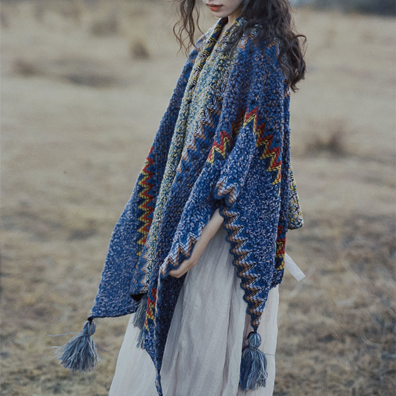 Mantón tibetano de Buddha Stones, capa de punto suave y cálida, bufanda tibetana con borlas de invierno - image 3