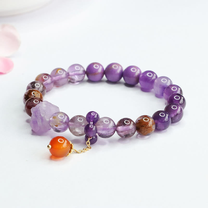 Pulsera de conciencia espiritual con Buddha Stones, amatista natural, púrpura, piedra fantasma