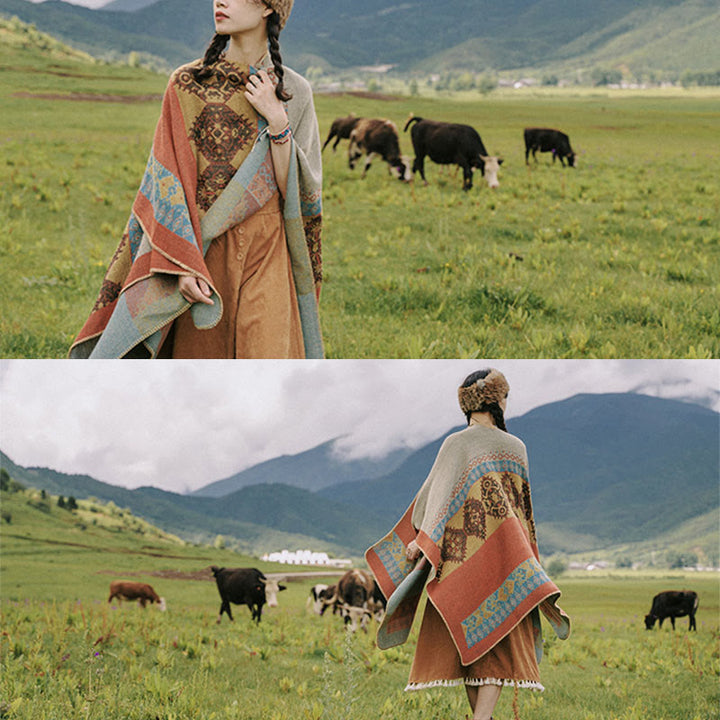 Bufanda de capa cálida de invierno con patrón de diamantes de chal tibetano de Buddha Stones - image 10