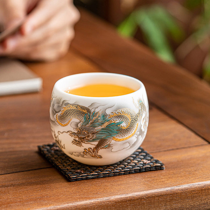 Taza de té de cerámica con caja de regalo, tazas de té de Kung Fu con Buddha Stones , dragón, Fénix, nubes propicias