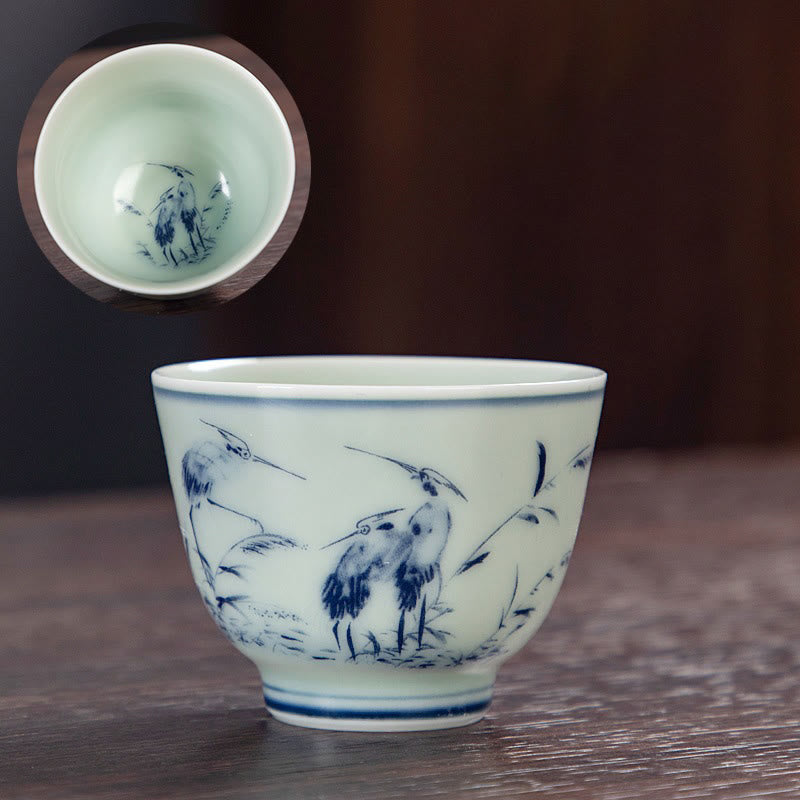 Taza de té de cerámica pequeña con Buddha Stones, paisaje azul, montañas, loto, lindos pabellones de gatos, Magnolia Reed Egrets, taza de té de Kung Fu