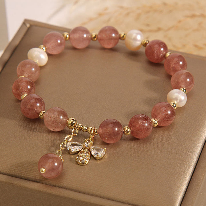Pulsera con dije positivo de abeja y circonita, Perla de cuarzo fresa y piedras de Buddha Stones