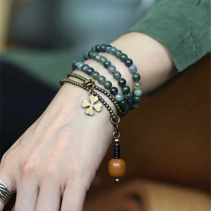 Pulsera multicapa de la suerte de cobre con ágata musgosa y Buddha Stones