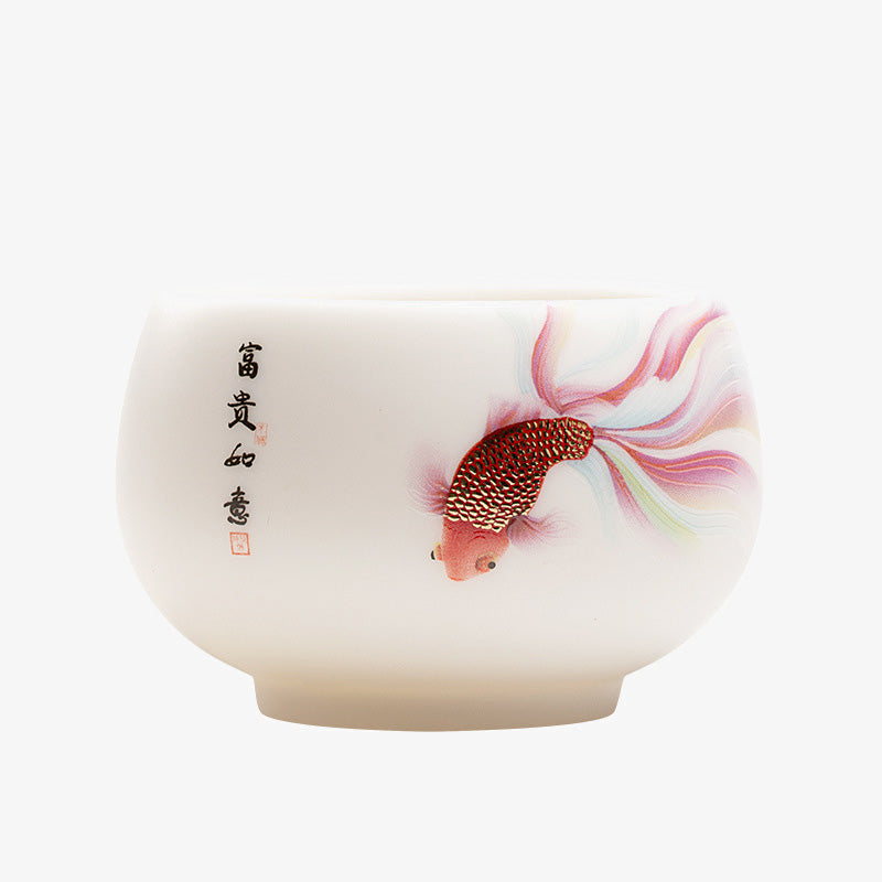 Taza de té de cerámica de porcelana blanca, pez Koi, Buddha Stones, taza de té de Kung Fu