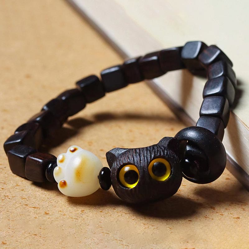 Buddha Stones Madera de ébano Lindo gato Bodhi Semilla Pata Garra Cuentas cuadradas Pulsera tranquila - image 3