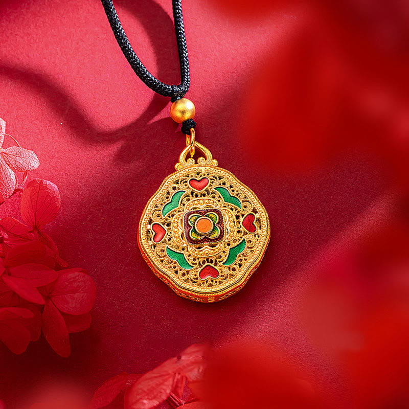 Colgante de collar de riqueza de cobre con corazón de amor de flores de Buddha Stones