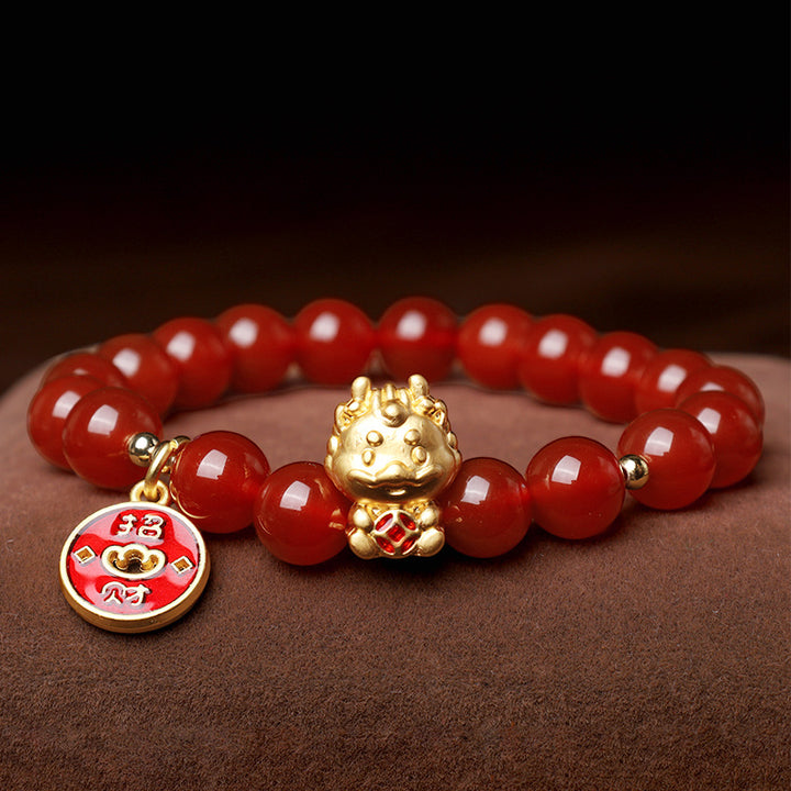 Buddha Stones Año del Dragón Ágata Roja Natural Moneda de Cobre Atraer Pulsera de la Fortuna