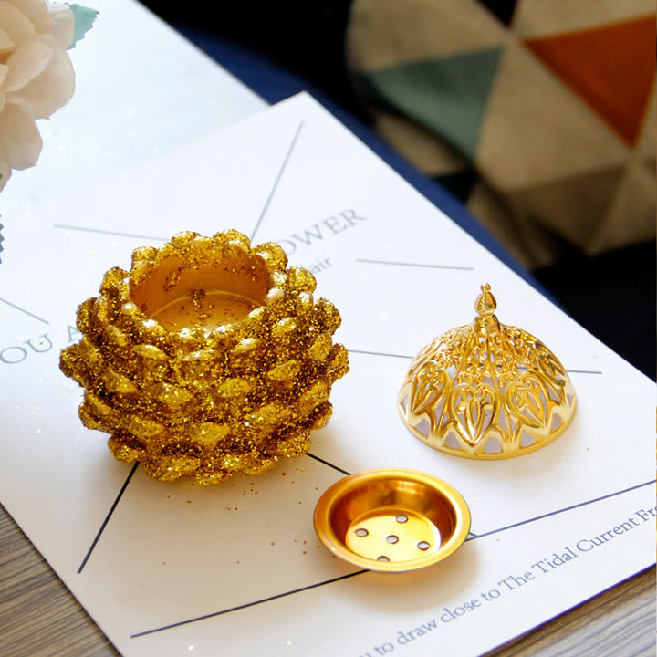 Mini quemador de incienso con diseño de cono de pino dorado, decoración de mesa para el hogar, rituales espirituales