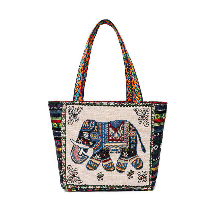 Bolso bandolera de lona de gran capacidad con bordado de mariposa y elefante