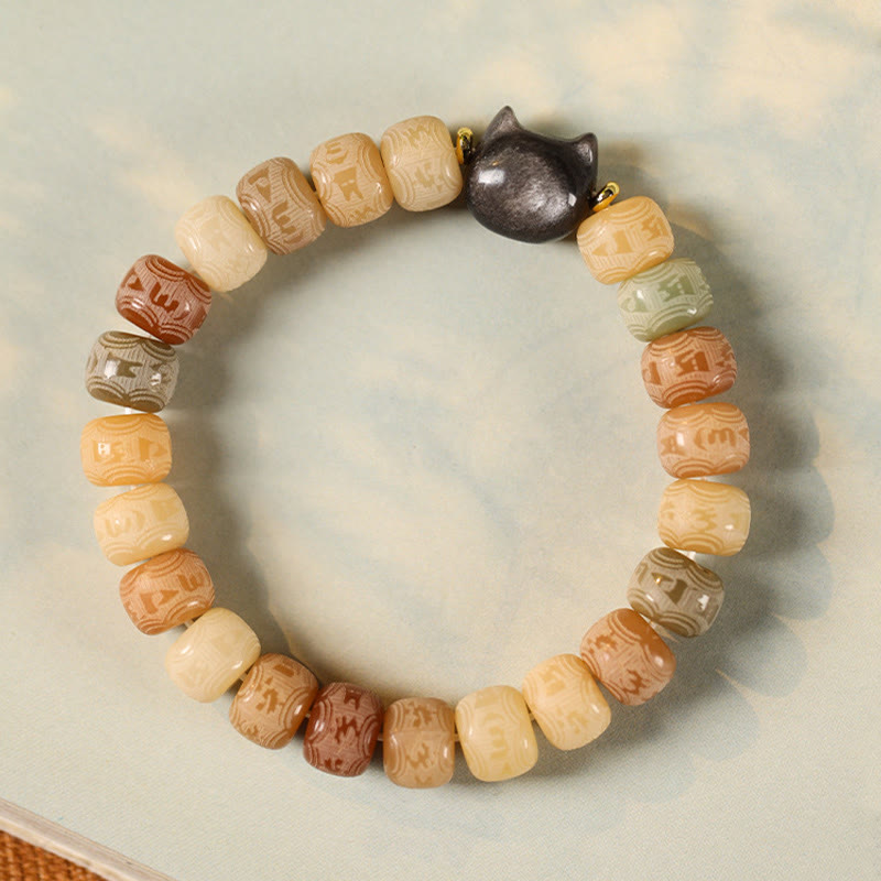 Pulsera de armonía grabada con Buddha Stones de Bodhi, brillo plateado, obsidiana, cabeza de gato, Om Mani Padme Hum - image 2