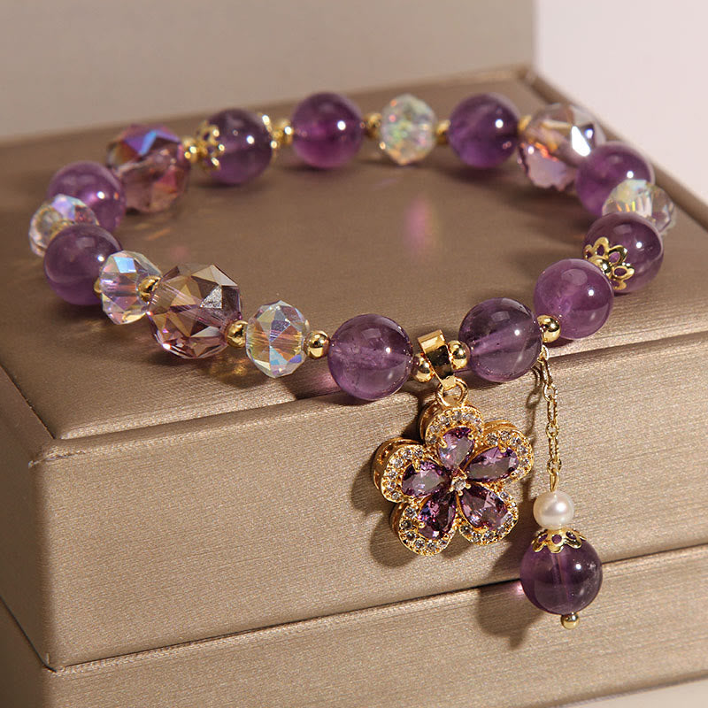 Pulsera de transformación positiva con dije de flor de perla de amatista natural