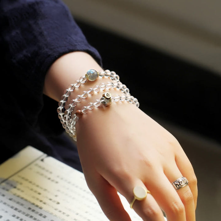 Pulsera de plata de ley 925 con Buddha Stones , zodíaco chino, Buda natal, cristal blanco, meditación, triple envoltura