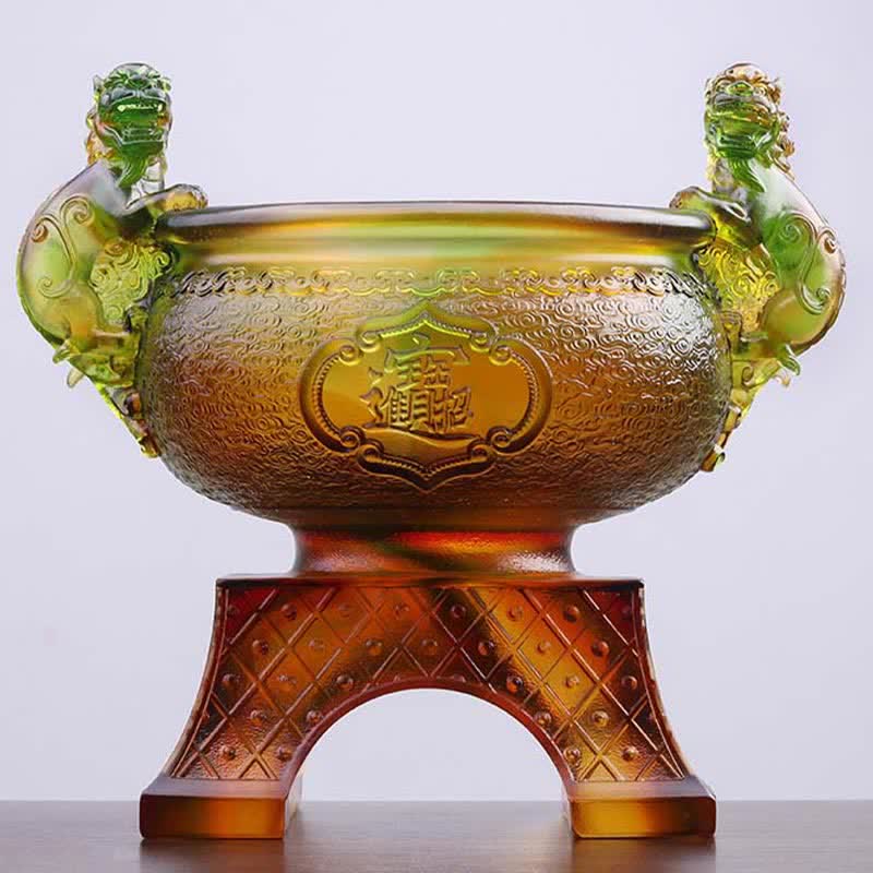 Hecho a mano Liuli Crystal PiXiu Treasure Bowl Art Piece Decoración del hogar