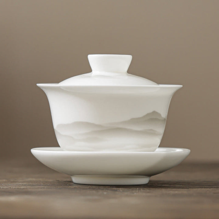 Buddha Stones Pintura De Tinta Vintage Montaña Porcelana Blanca Cerámica Gaiwan Sancai Taza De Té Kung Fu Taza De Té Y Platillo Con Tapa Utensilio De Té Tetera