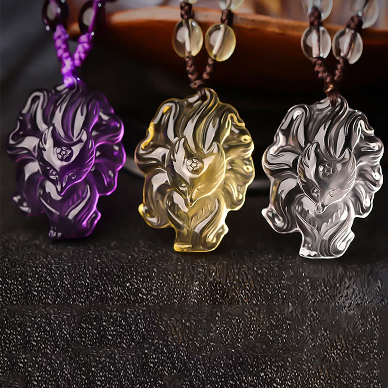 Buddha Stones, amatista Natural, cristal blanco, citrino, colgante de collar de la suerte de zorro de nueve colas