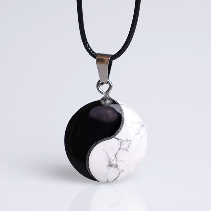 Buddha Stones Natural obsidiana negra turquesa blanca Yin Yang transformación collar con colgante de cuerda