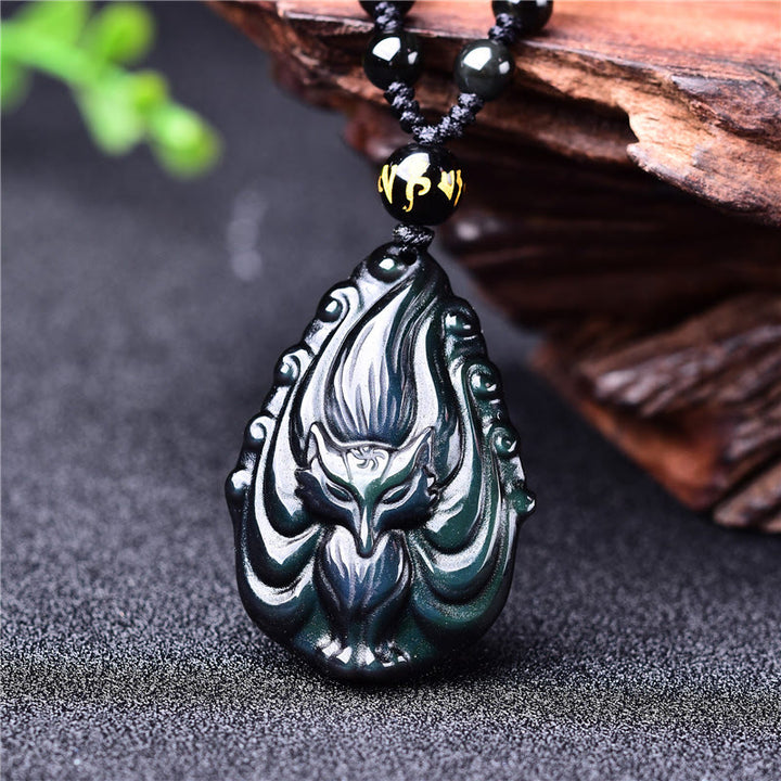 Buddha Stones, obsidiana arcoíris Natural, zorro de nueve colas, collar de paz interior, colgante de cadena con cuentas
