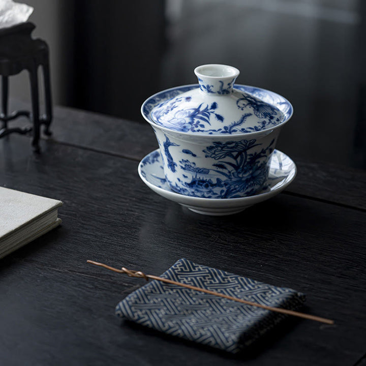 Buddha Stones Porcelana Azul Y Blanca Loto Pez Koi Danza Del León Sandía Cerámica Gaiwan Sancai Taza De Té Kung Fu Taza De Té Y Platillo Con Tapa 300ml